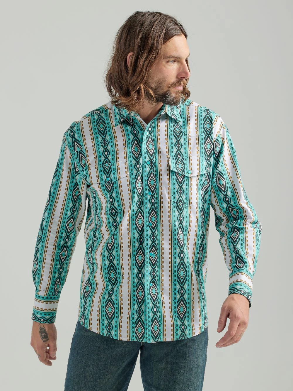 'Wrangler' Men's Checotah Printed Snap Front - Turquoise 1 'Wrangler' Men's Checotah Printed Snap Front - Turquoise